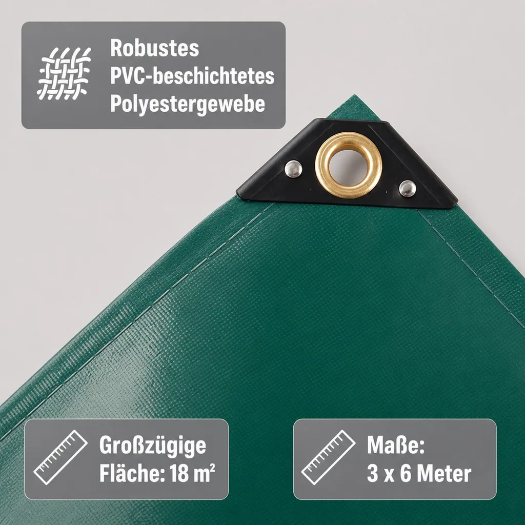 Abdeckplane, Gewebeplane, PVC Plane 650g, 3 x 6m (18m²), grün, wasserdicht, reissfest