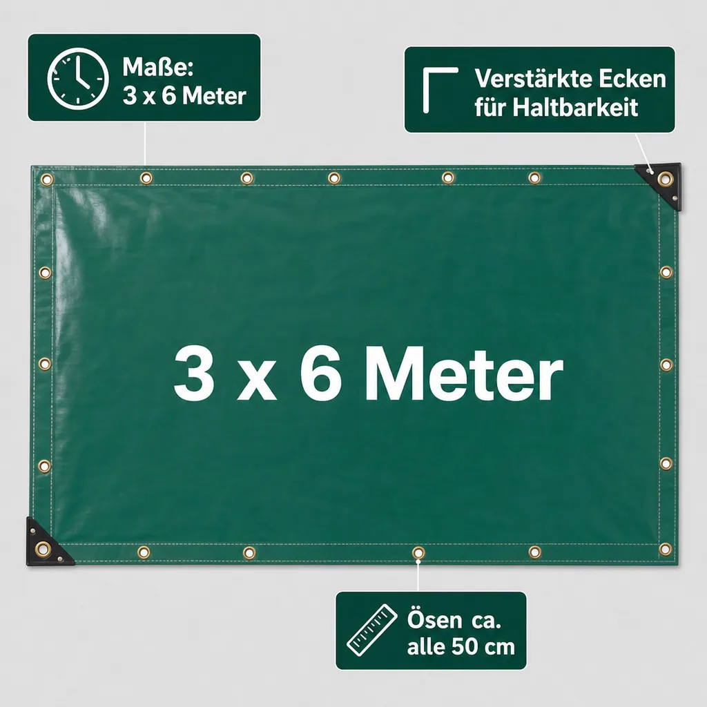 Abdeckplane, Gewebeplane, PVC Plane 650g, 3 x 6m (18m²), grün, wasserdicht, reissfest