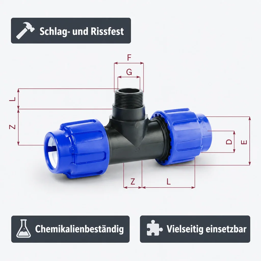 PE Rohr Verschraubung T-Stück 32mm, Klemmverbinder, PP, Trinkwasser geeignet
