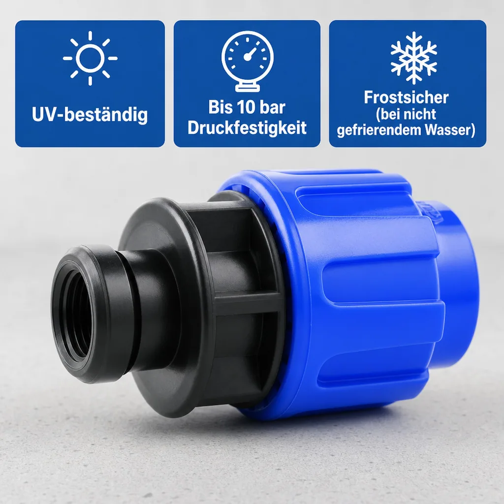 PE Rohr Verschraubung, Kupplung IG 20 x 1/2", Klemmverbinder, PP, für Trinkwasser