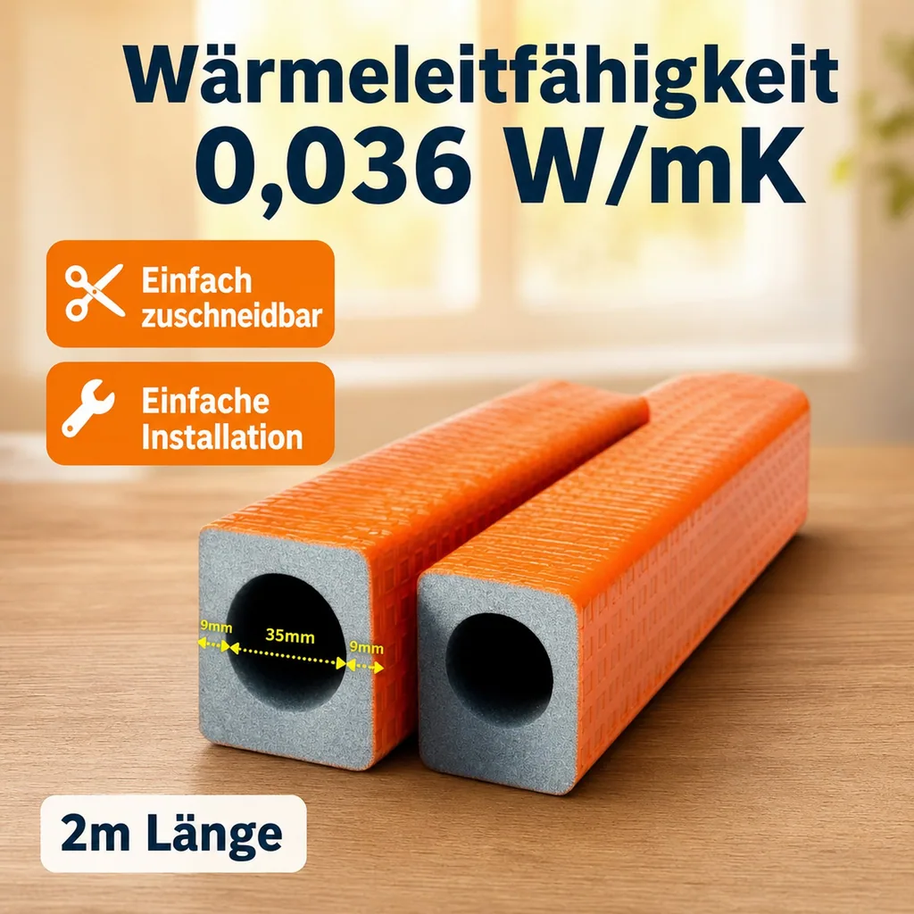 Rohrisolierung 35mm, Heizungsrohr Isolierung, 9mm Dämmung, 2m Länge