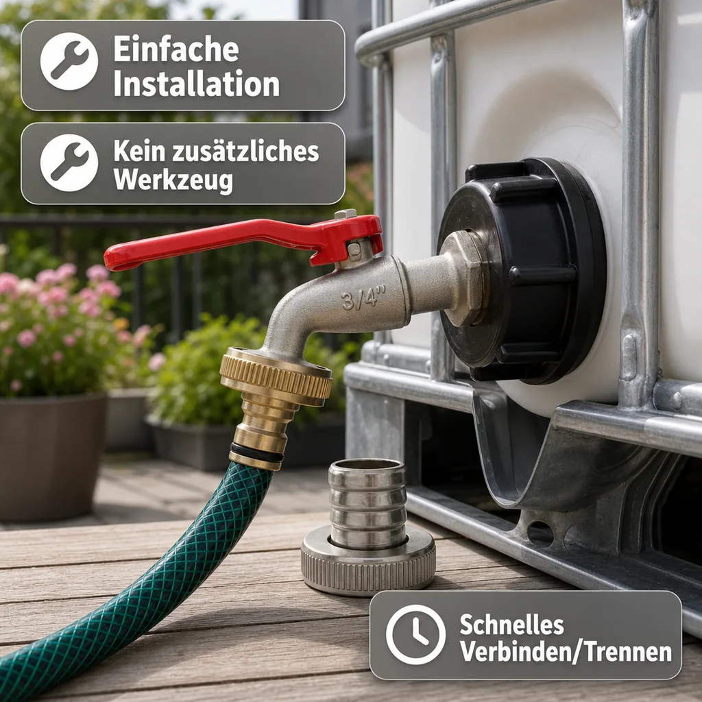 IBC Adapter, Container S60, 3/4 Zoll, Wasserhahn, Steckkupplung, Auslaufhahn
