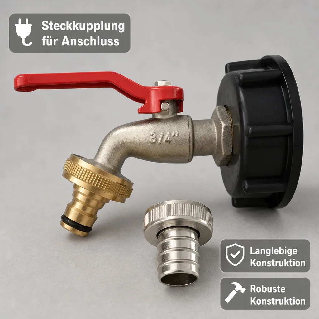 IBC Adapter, Container S60, 3/4 Zoll, Wasserhahn, Steckkupplung, Auslaufhahn