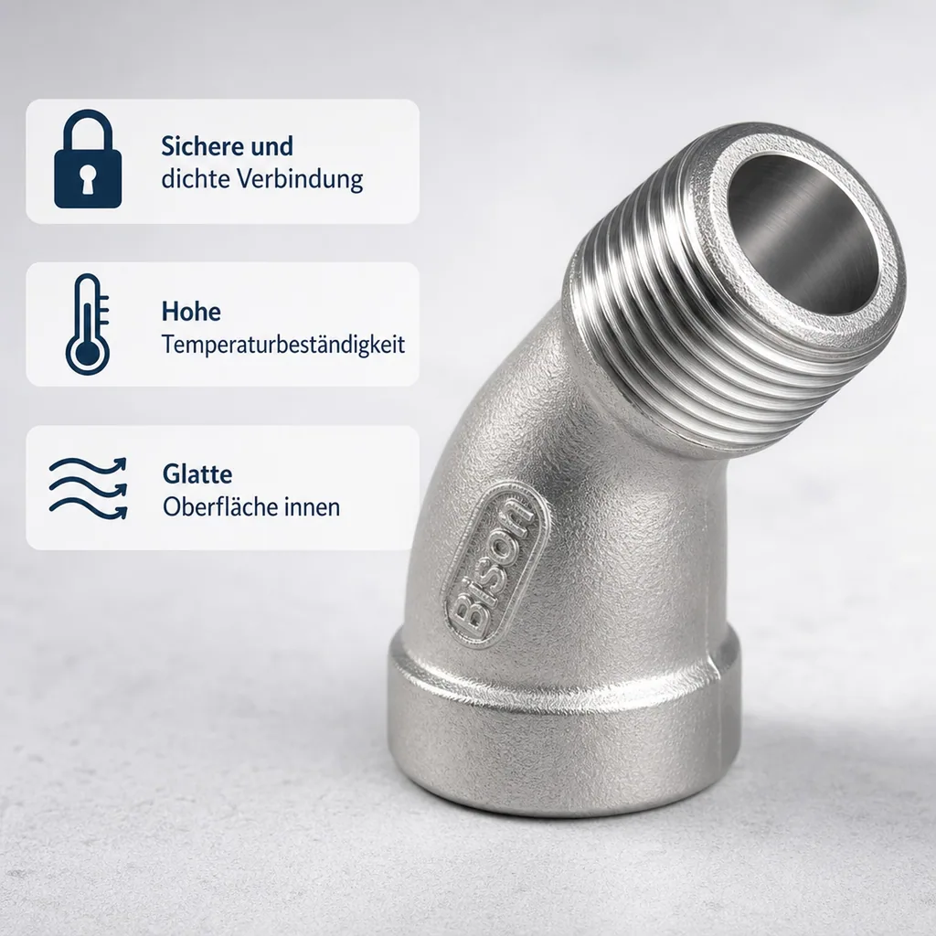 Edelstahl-Eckstück, 45-Grad-Rohranschluss, 1" Gewinde-Eckstück