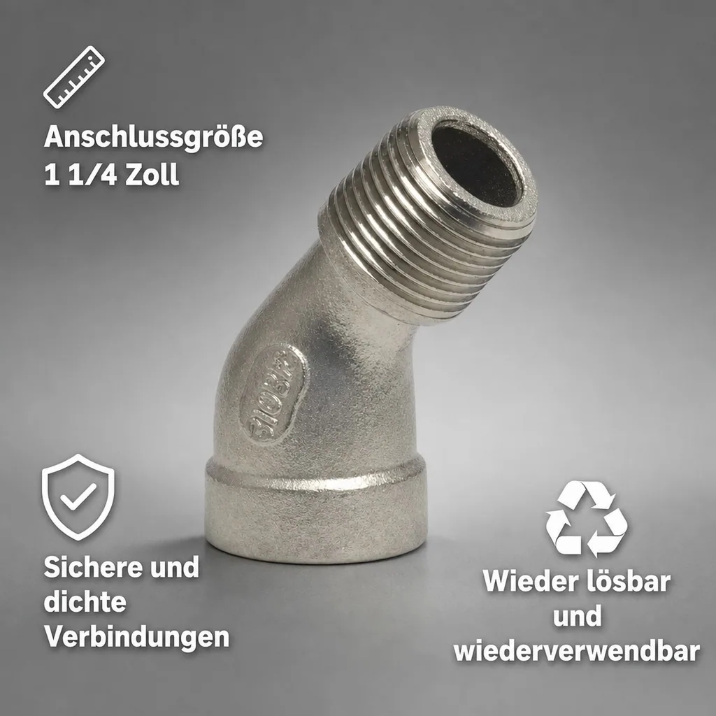 Edelstahl Winkel, Gewindefitting, Winkel 45 Grad, 1 1/4 Zoll IG x AG