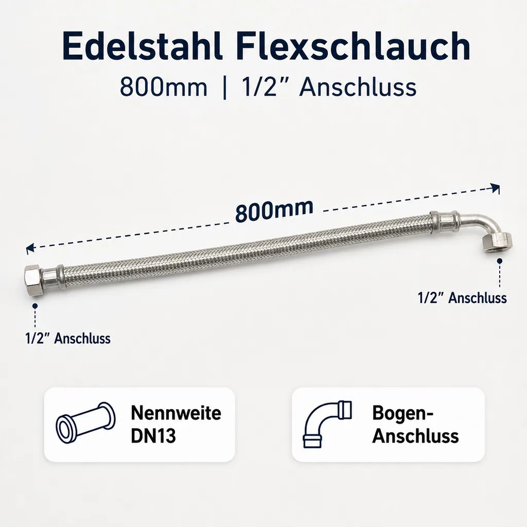 Panzerschlauch, Edelstahl Panzerschlauch, Flexschlauch, 1/2 Zoll, Bogen 800mm