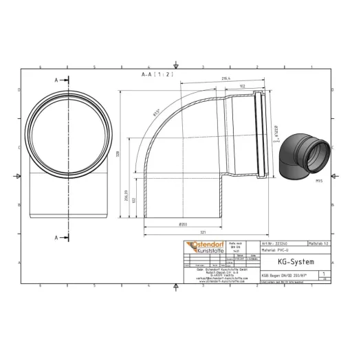 KG Bogen DN 200, 87 Grad, Abwasserbogen