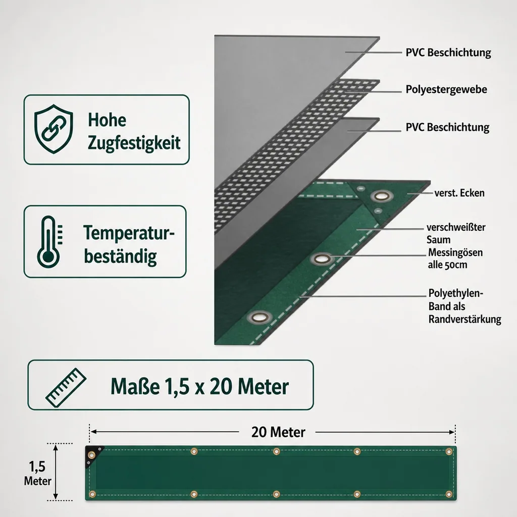PVC Plane grün, 650 g/m², 1,5 x 20m (30m²), wasserdicht, reißfest