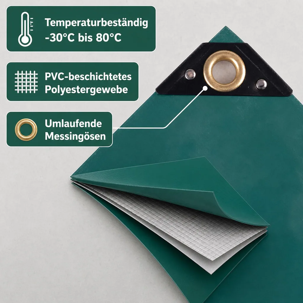 PVC Plane grün 650g/m², wasserdicht, UV-stabil, reißfest, Messingösen, 2,5x6m (15m²)