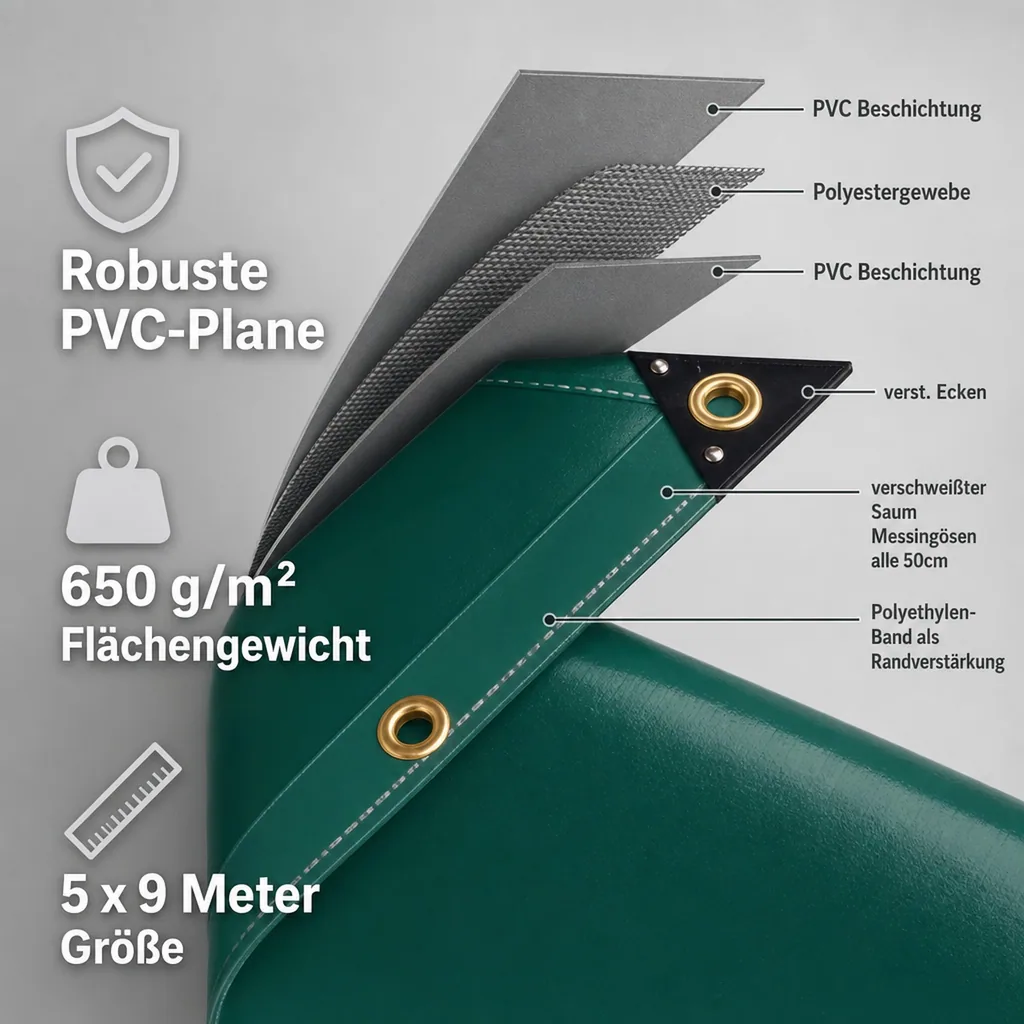 PVC Plane, Abdeckplane 650g/m², wasserdicht, reißfest, grüne Plane, 5x9m (45m²)