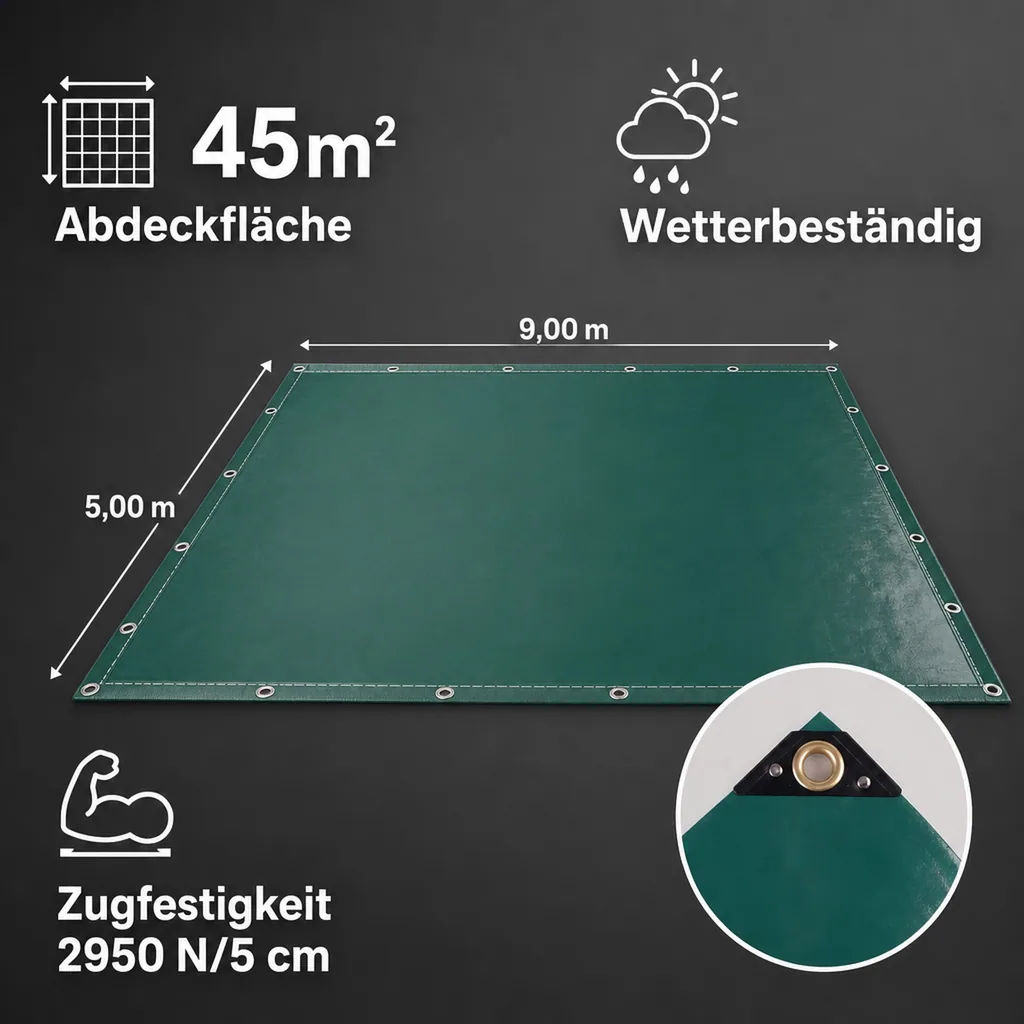 PVC Plane, Abdeckplane 650g/m², wasserdicht, reißfest, grüne Plane, 5x9m (45m²)