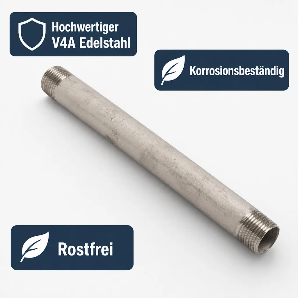 Edelstahl Rohrnippel, 1/2 Zoll, 150mm, Gewindefitting Edelstahl, V4A
