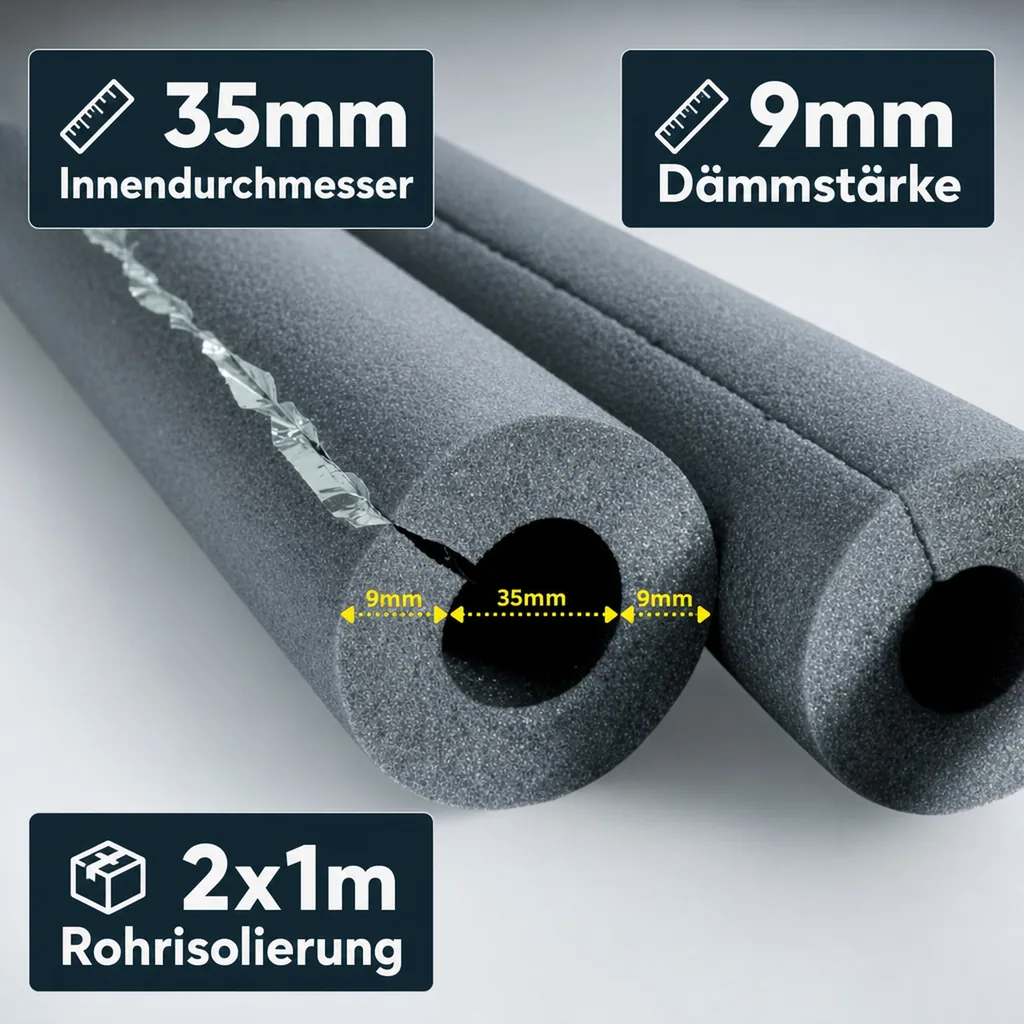 Isolierschlauch 35mm, selbstklebend, 9mm Dämmung, 2x1m Rohrisolierung