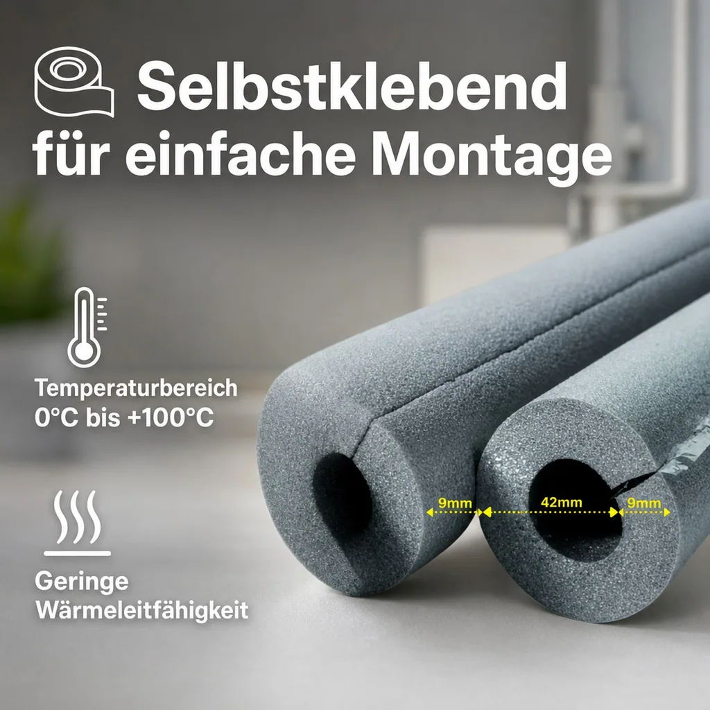 Isolierschlauch, Rohrisolierung 42mm, 2x1m, selbstklebend, 9mm Dämmung