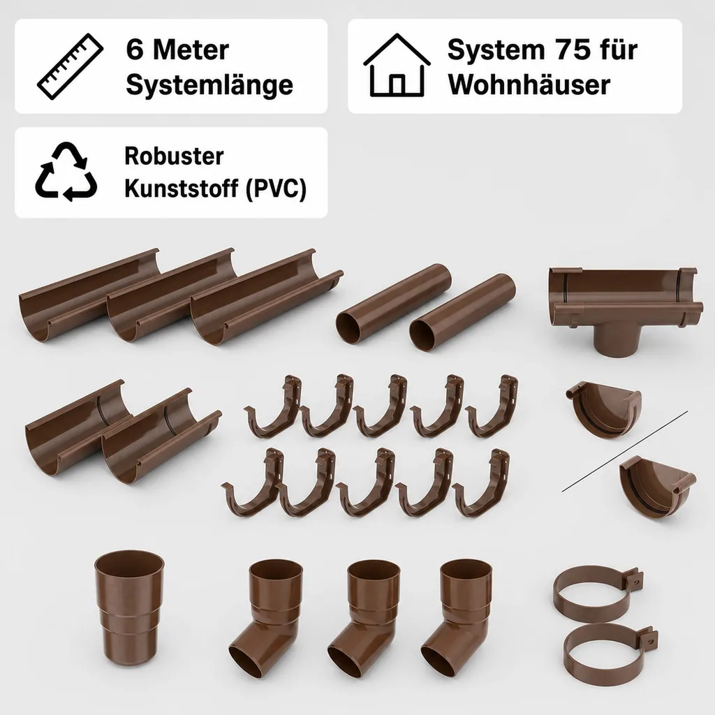 Regenrinne braun Set, 6m Komplettset System 75