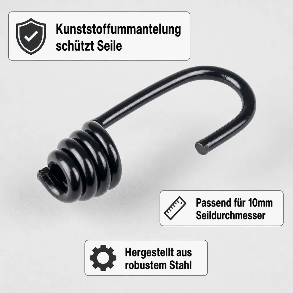 Expanderseil Haken 10mm, Spiralhaken, Gummiseil Haken, Kunststoffhaken