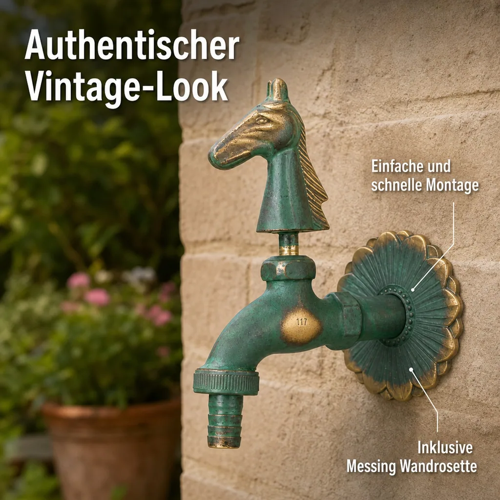 Nostalgie Auslaufventil Pferdekopf patiniert 1/2"