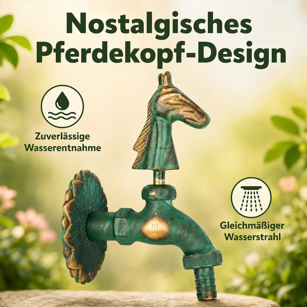 Nostalgie Auslaufventil Pferdekopf patiniert 1/2"