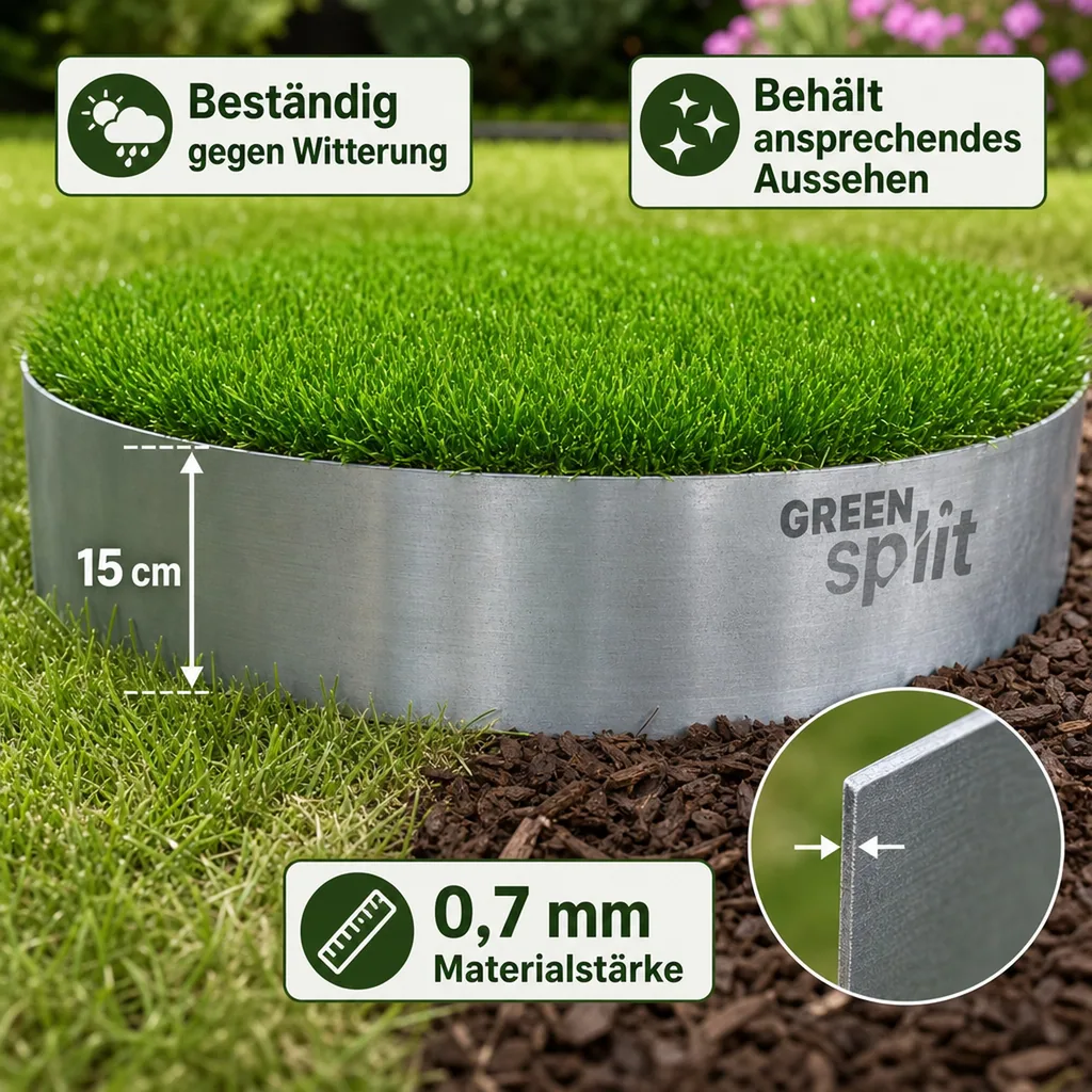 Rasenkantenband Metall Alu/Zink (Länge 10m 15m / Höhe 15cm 20cm 25cm) | Rasenkanten | Beeteinfassung | Beetumrandung | Beetbegrenzungen, Länge-GS: 10 m; Breite: 15 cm