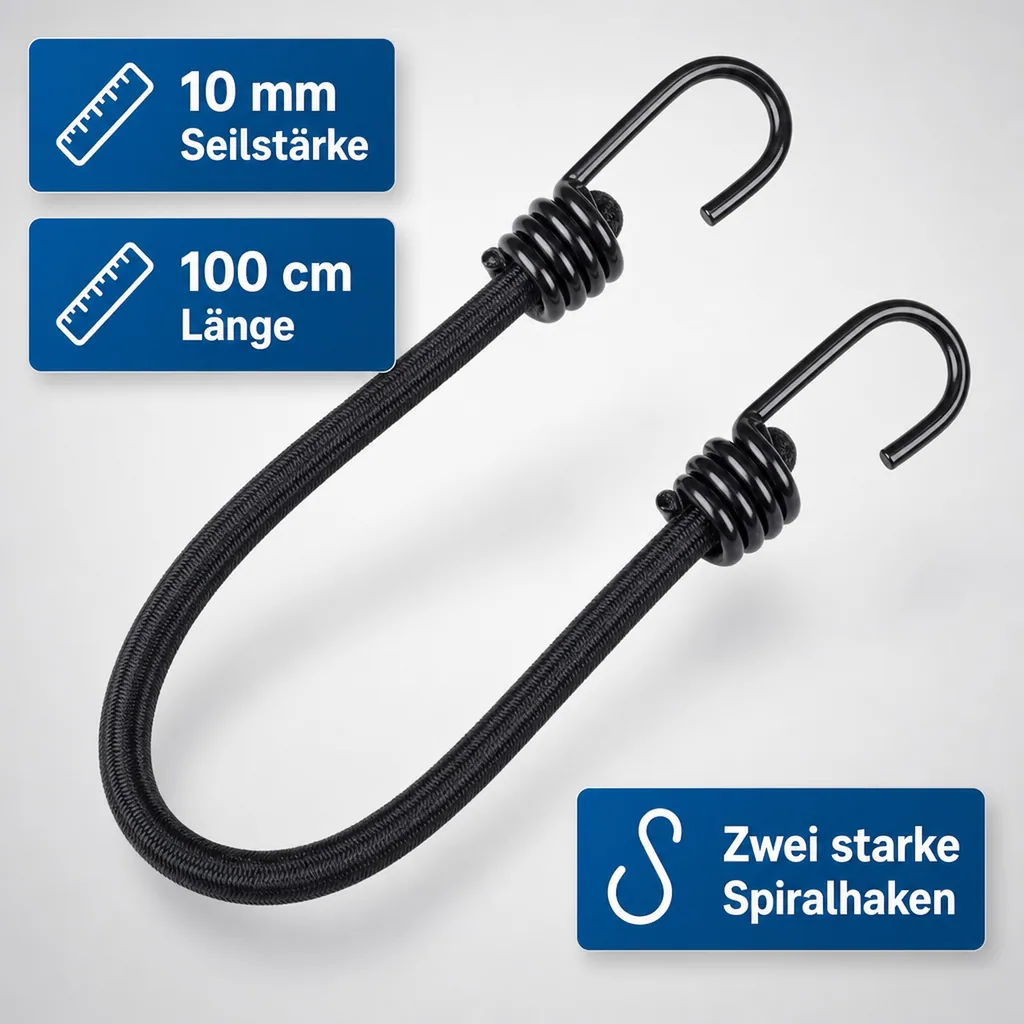 Expanderseil mit Haken 10mm x 100cm, Gepäckspanner, Gummiseil