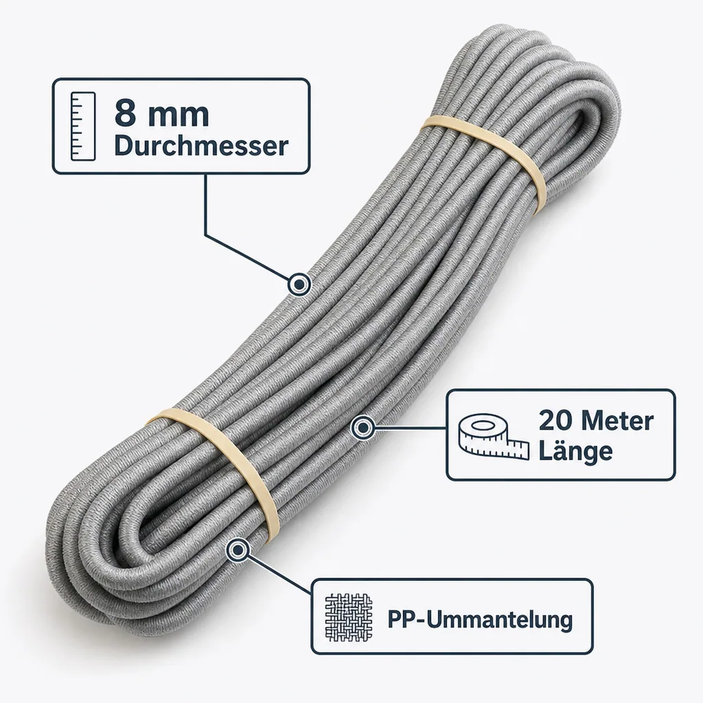 Expanderseil 8mm, grau, 20m, Gummiseil, elastisches Seil, UV-beständig