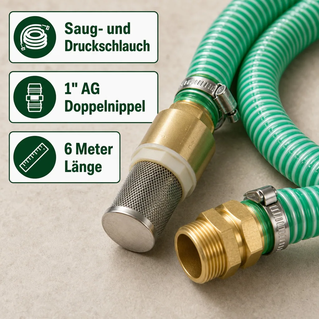 1"/25mm Saug- + Druckschlauch mit Saugkorb, Rückschlagventil + 1" AG Doppelnippel 6m