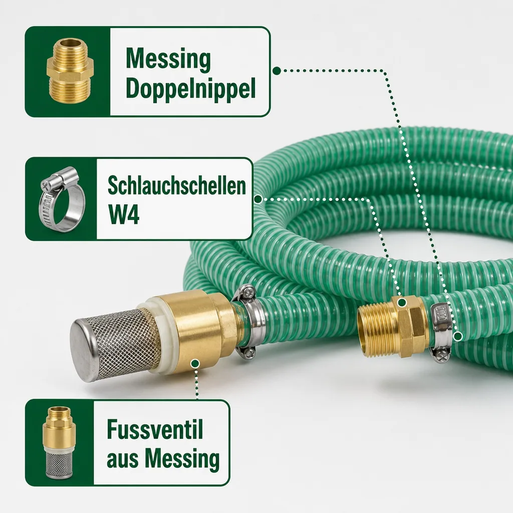 1"/25mm Saug- + Druckschlauch mit Saugkorb, Rückschlagventil + 1" AG Doppelnippel 6m