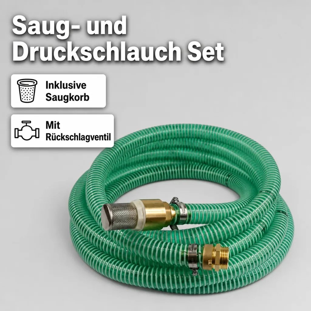 1"/25mm Saug- + Druckschlauch mit Saugkorb, Rückschlagventil + 1" AG Doppelnippel 25m
