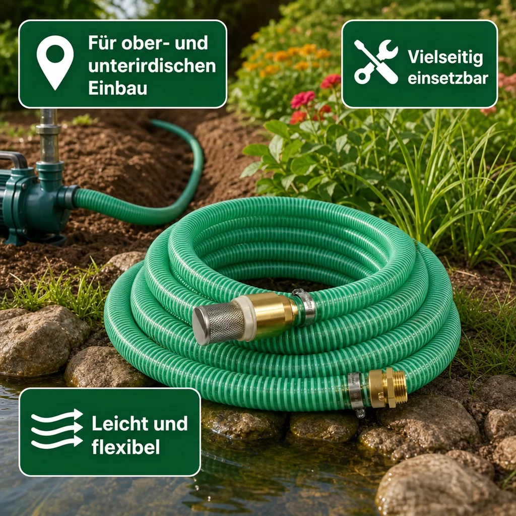 1"/25mm Saug- + Druckschlauch mit Saugkorb, Rückschlagventil + 1" AG Doppelnippel 25m
