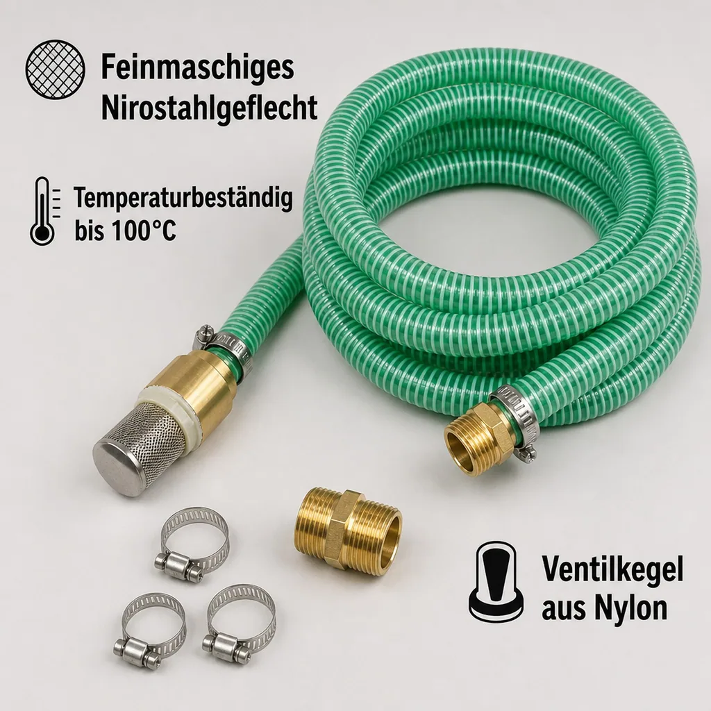 1"/25mm Saug- + Druckschlauch mit Saugkorb, Rückschlagventil + 1" AG Doppelnippel 8m