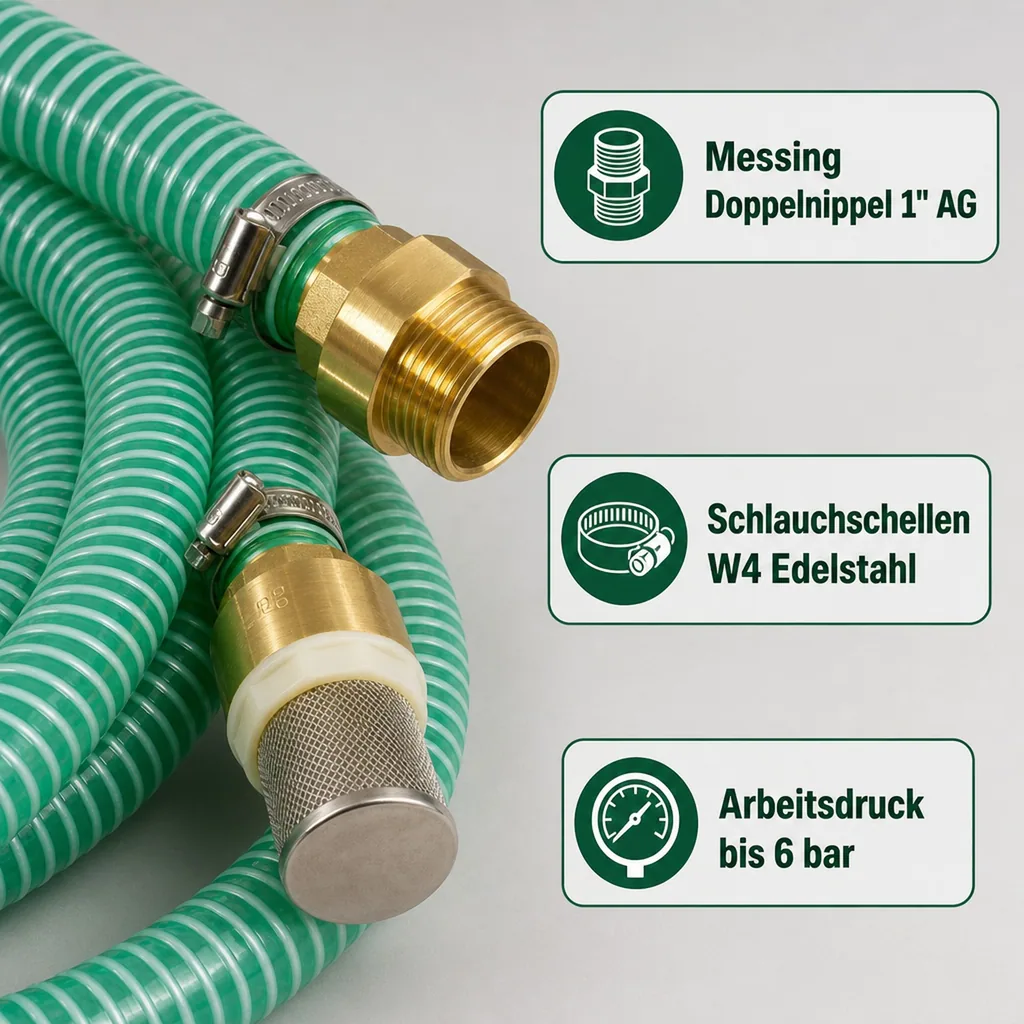 1"/25mm Saug- + Druckschlauch mit Saugkorb, Rückschlagventil + 1" AG Doppelnippel 8m