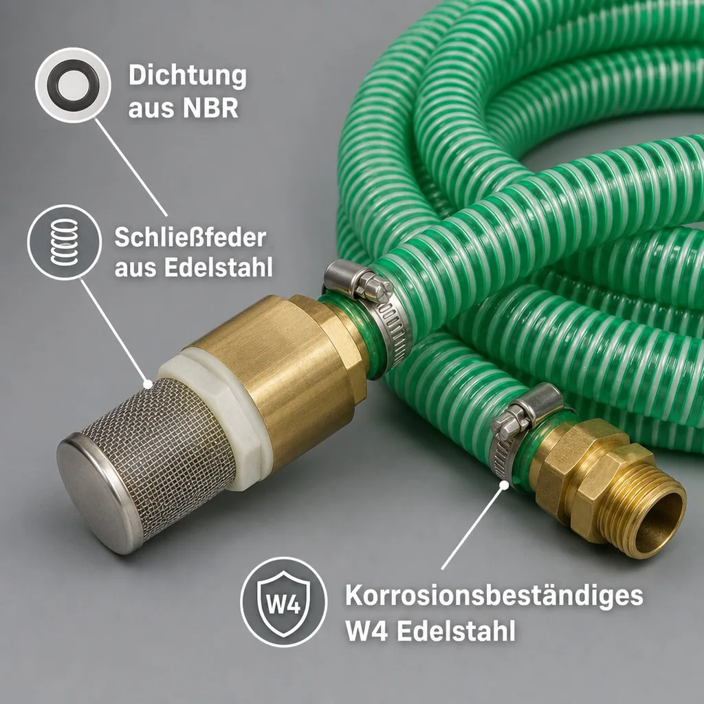 1"/25mm Saug- + Druckschlauch mit Saugkorb, Rückschlagventil + 1" AG Doppelnippel 8m
