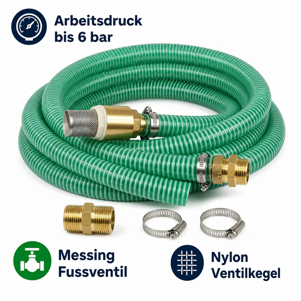 1"/25mm Saug- + Druckschlauch mit Saugkorb, Rückschlagventil + 1" AG Doppelnippel 2m
