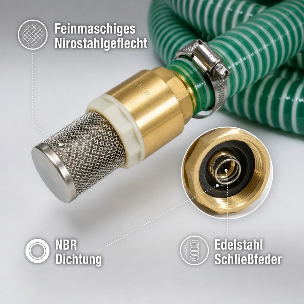 1"/25mm Saug- + Druckschlauch mit Saugkorb, Rückschlagventil + 1" AG Doppelnippel 2m