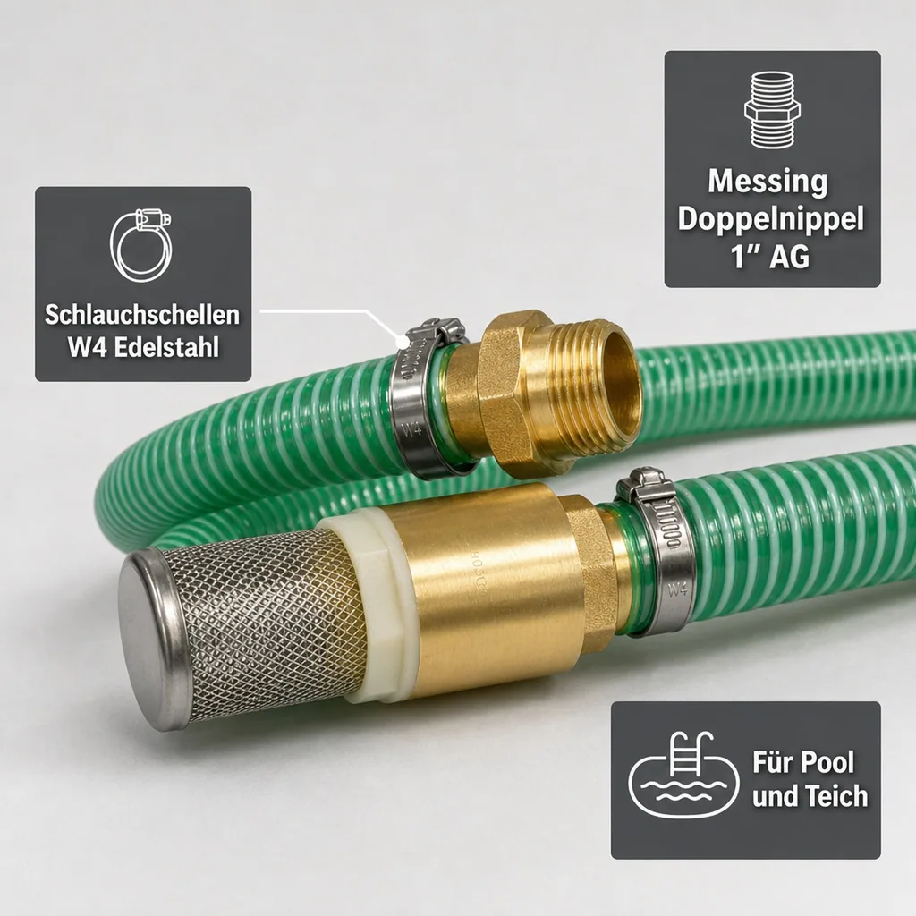 1"/25mm Saug- + Druckschlauch mit Saugkorb, Rückschlagventil + 1" AG Doppelnippel 2m