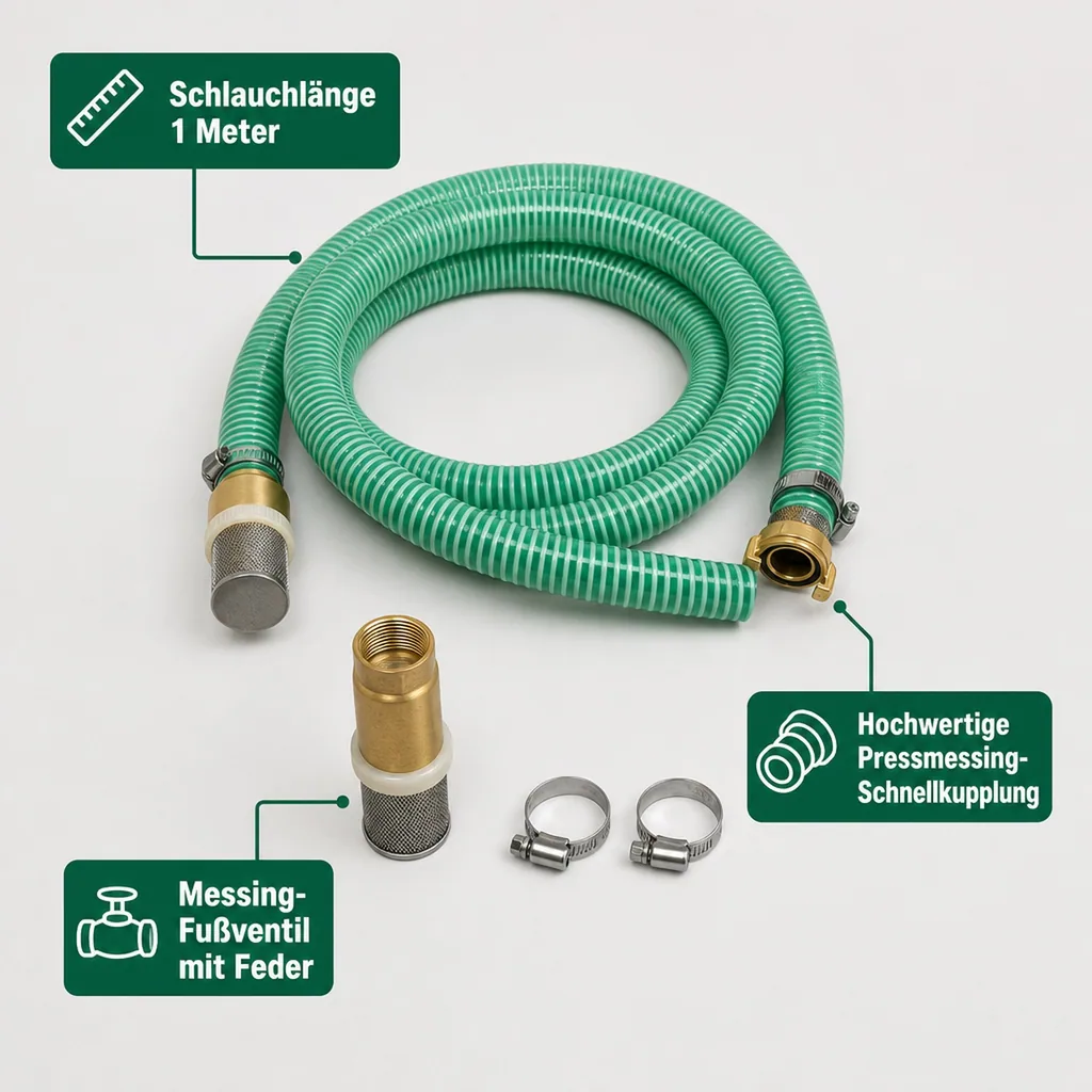 Saug- und Druckschlauch Set, 25mm, 1m, mit Saugkorb, Rückschlagventil