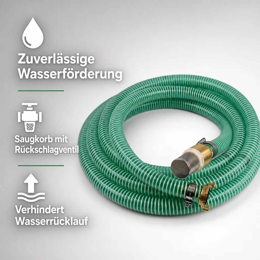 Saugkorb mit Rückschlagventil, Saug- Druckschlauch Set 25mm, 10m, Schnellkupplung, Fußventil Messing