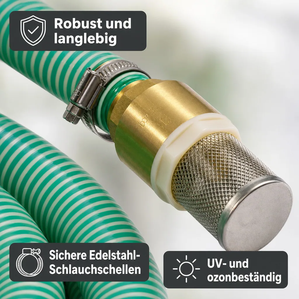 Saugkorb mit Rückschlagventil, Saug- Druckschlauch 25mm, Schnellkupplung, 9m