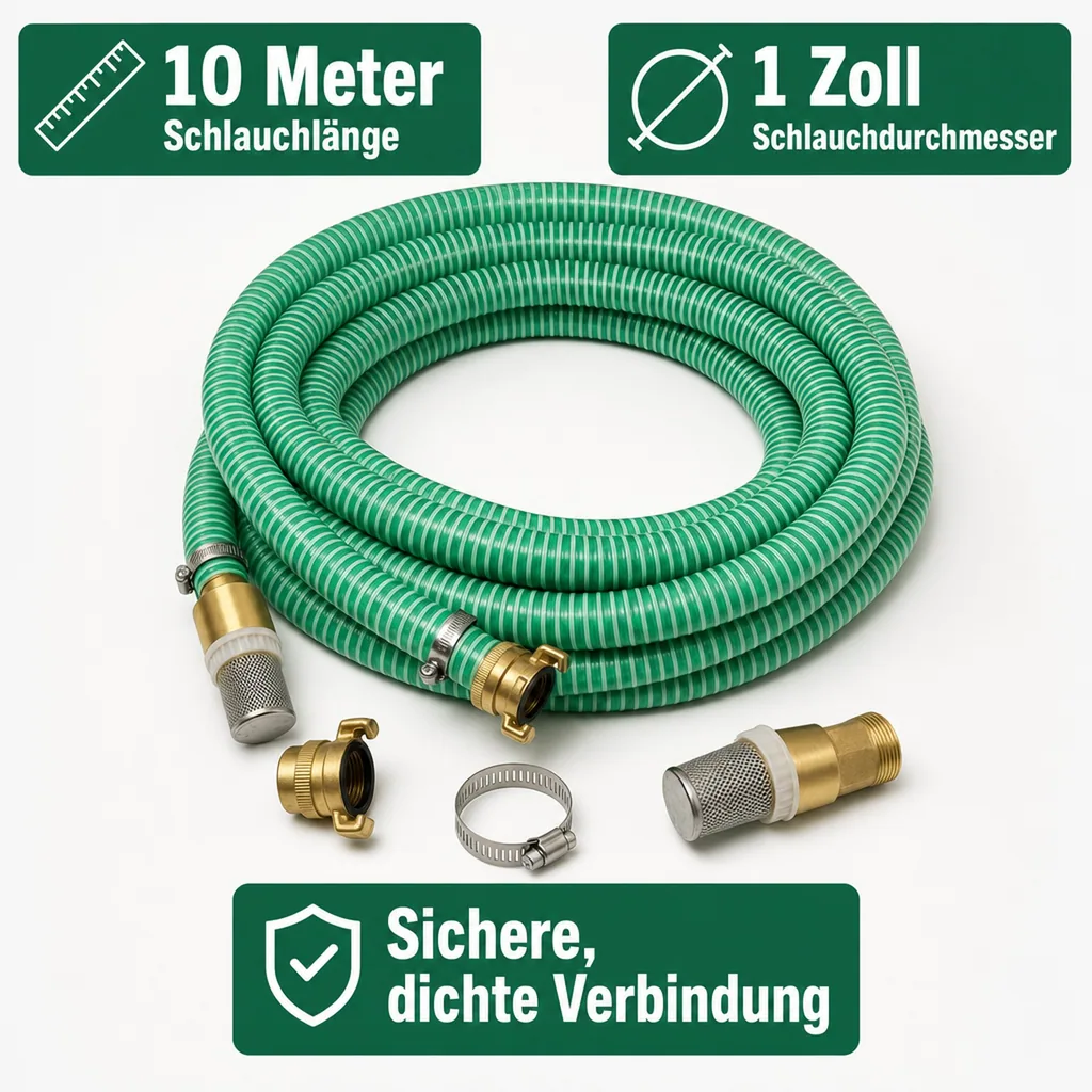 Saug Druckschlauch 1 Zoll, Saugkorb mit Rückschlagventil, 10m, Saugkupplung, Schlauchset