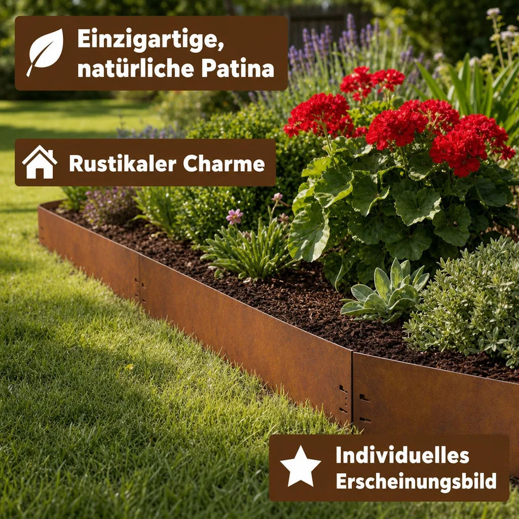 10er Set Rasenkante Cortenstahl 120 cm lang, 13,5 - 18,5 cm hoch, Beeteinfassung, Beetumrandung, Breite: 13.5 cm