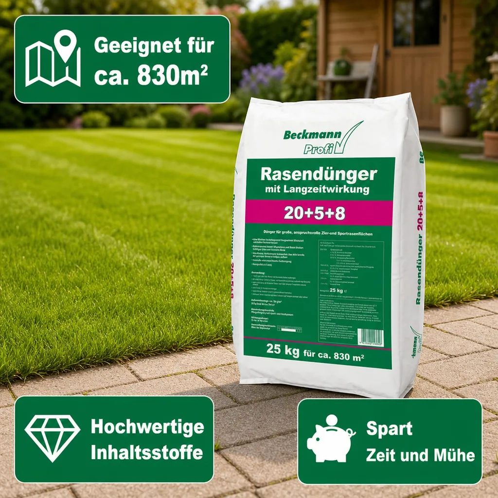Rasendünger 25 kg, Langzeitwirkung, NPK 20+5+8, 830m²