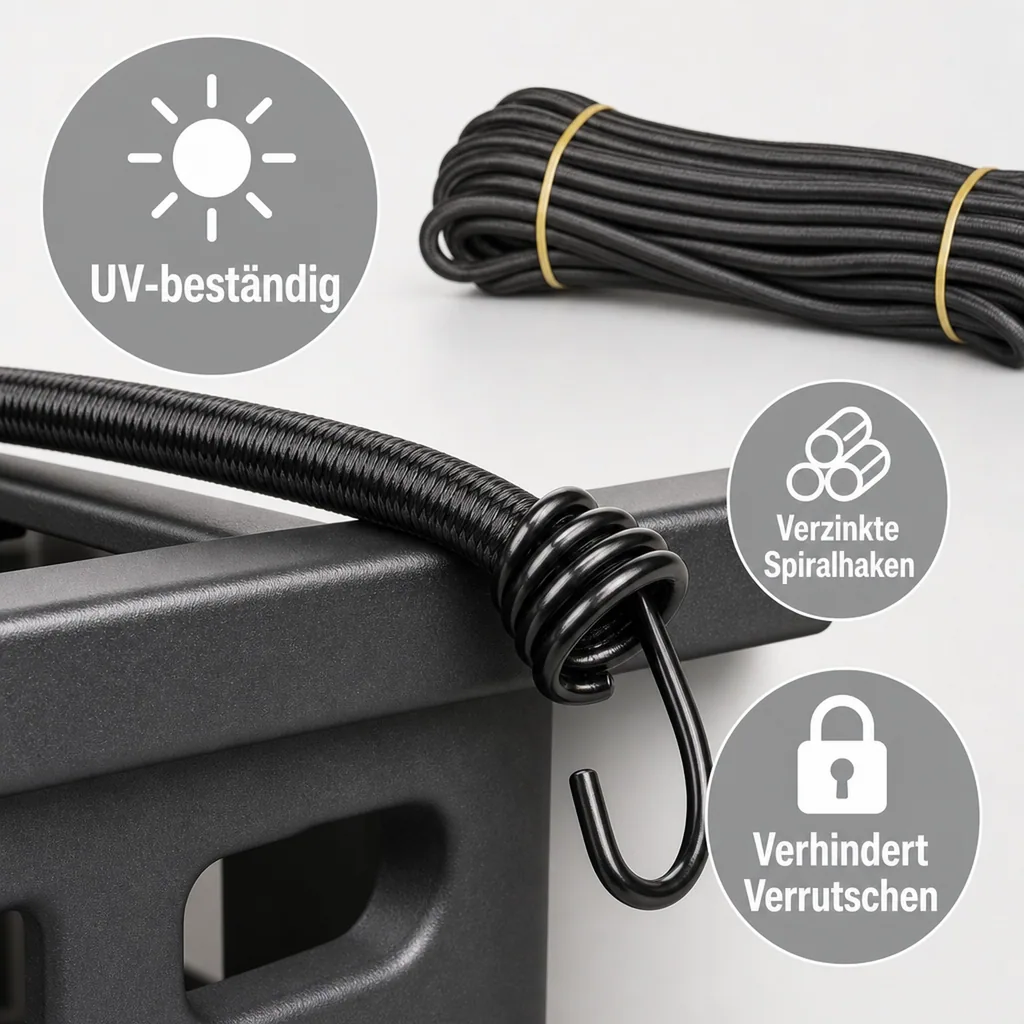 Expanderseil 8mm schwarz 20m, Gummiseil mit 10 Spiralhaken