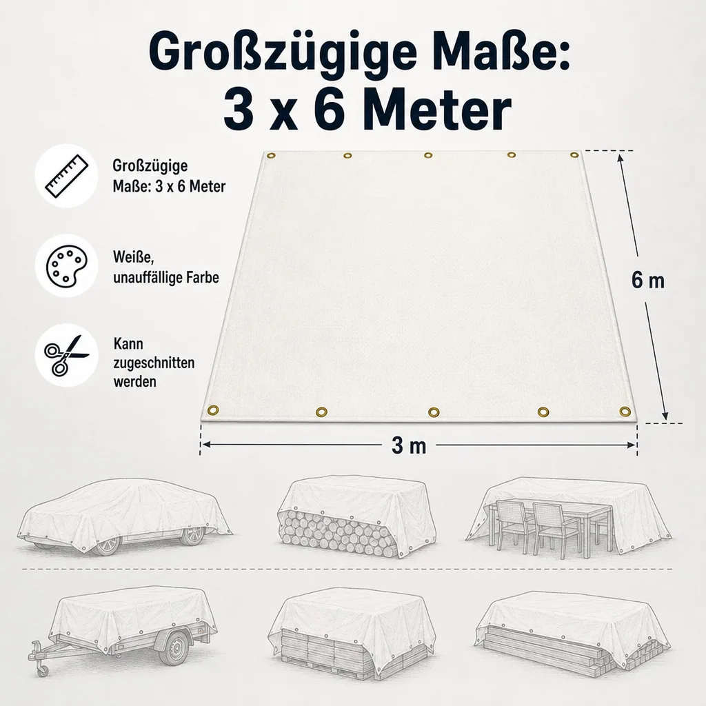 Abdeckplane 280 g/m², 3x6m, 18m², weiß, wasserdicht und reissfest