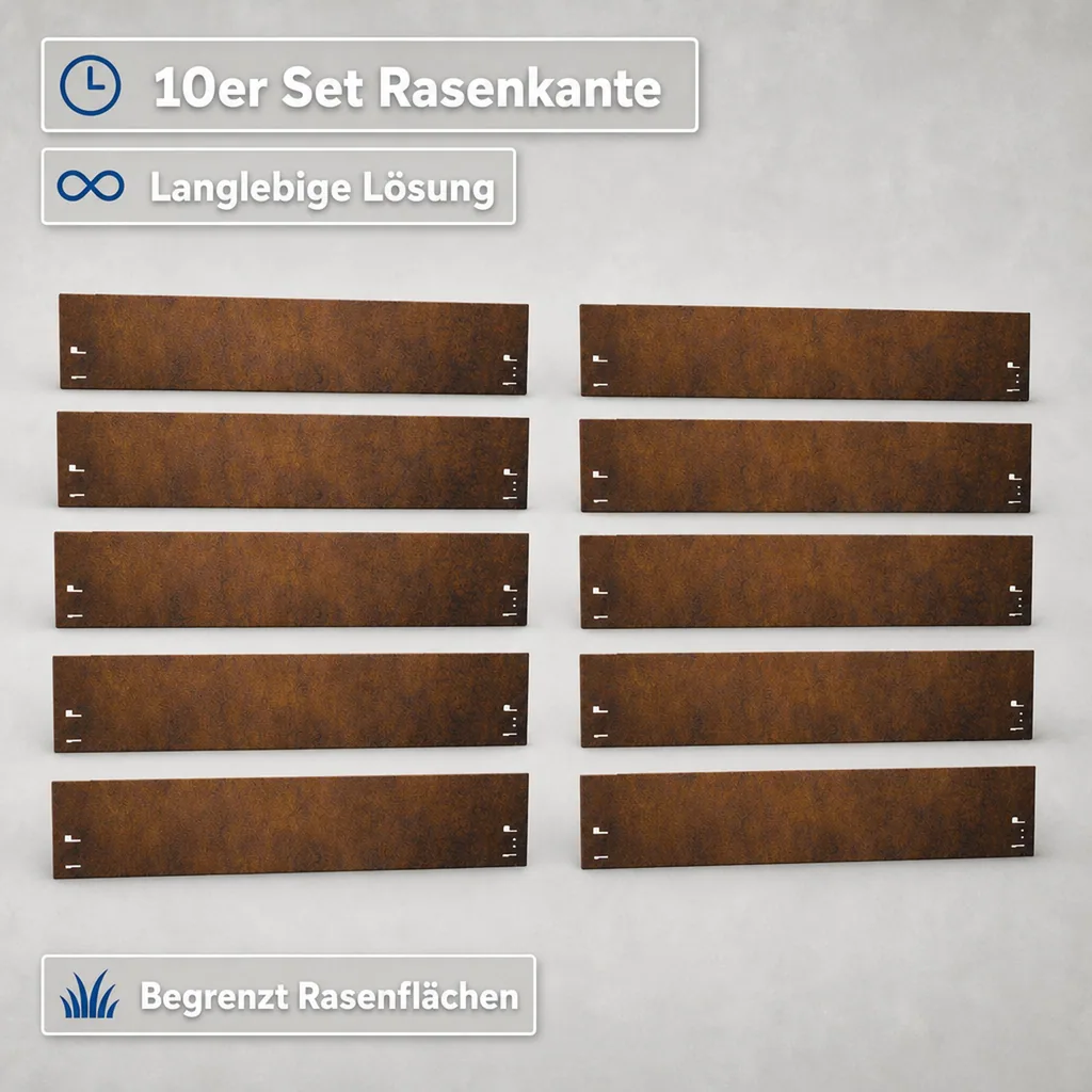 10er Set Rasenkante Cortenstahl 70 cm lang, 13,5 - 18,5 cm hoch, Beeteinfassung, Beetumrandung - Metall feuerverzinkt, Breite: 18.5 cm