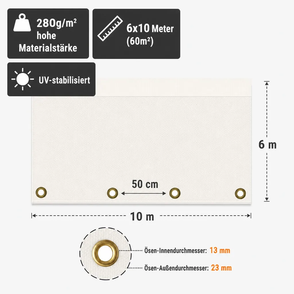 Abdeckplane, 280g/m² weiss 6x10m (60m²), wasserdicht, reissfest