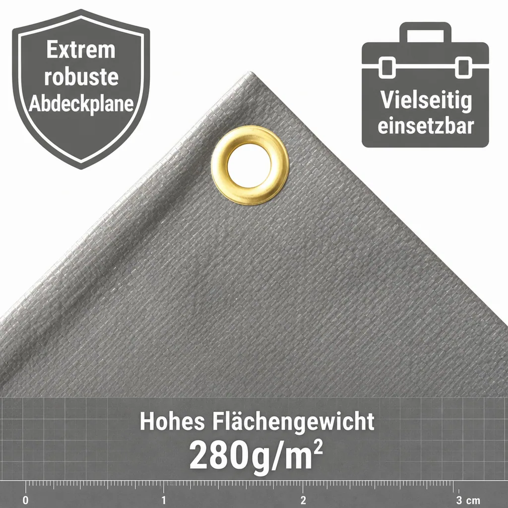 Abdeckplane, 280g/m² grau, wasserdicht, reißfest, UV-stabilisiert, PE, Bau und Garten, 3x6m (18m²)