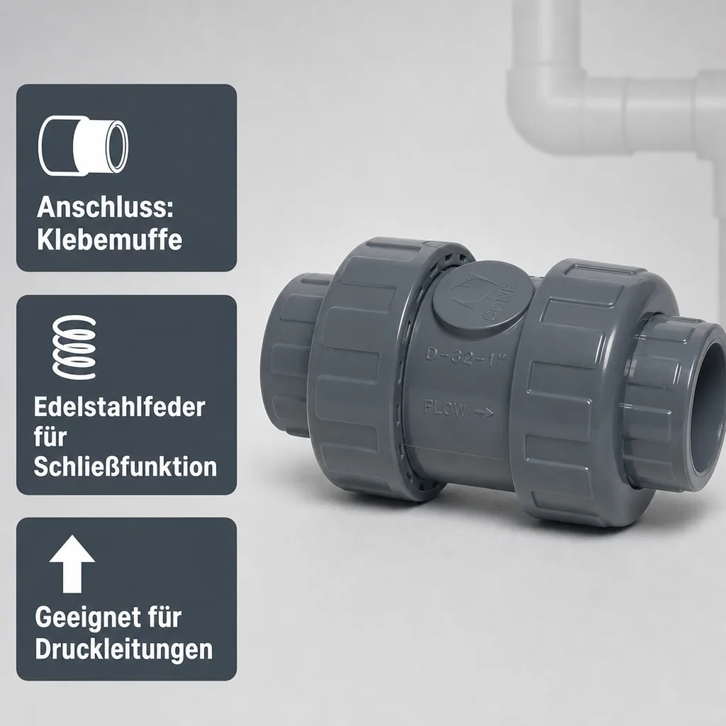 Rückschlagventil 50mm PVC-U, Klebemuffe DN40