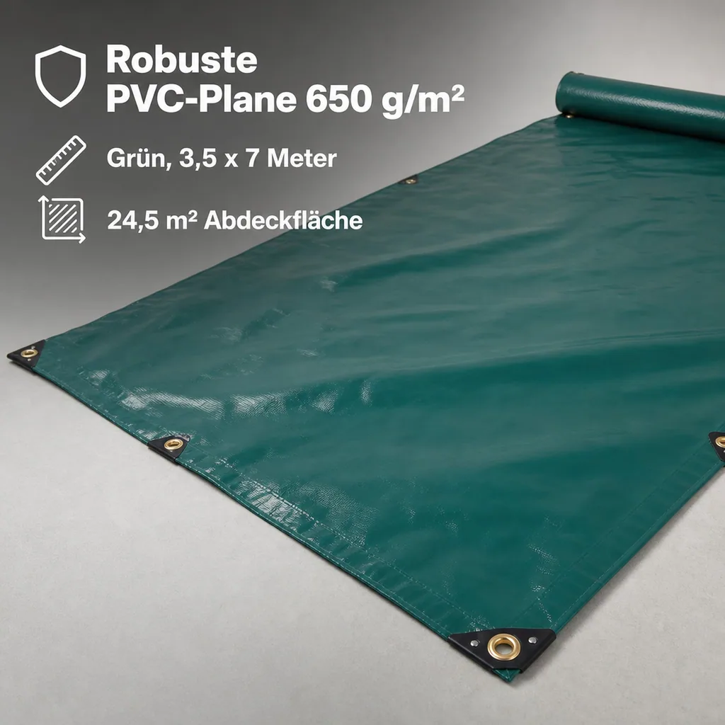 PVC Plane 650 g/m², Abdeckplane, 3,5 x 7m (24,5m²), grün, wasserdicht, reissfest