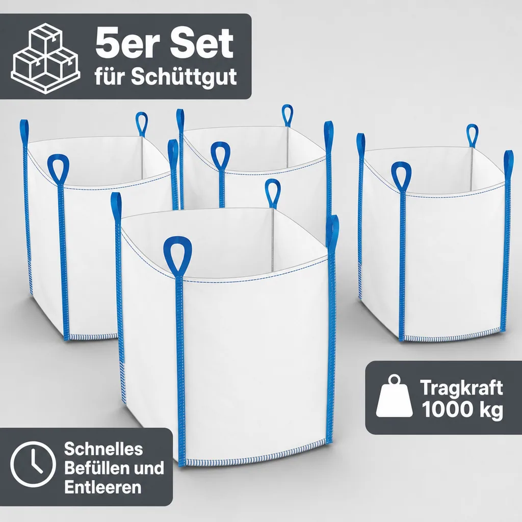 Big Bag 5er Set, 90x90x90 cm, 1000kg Tragkraft, offen