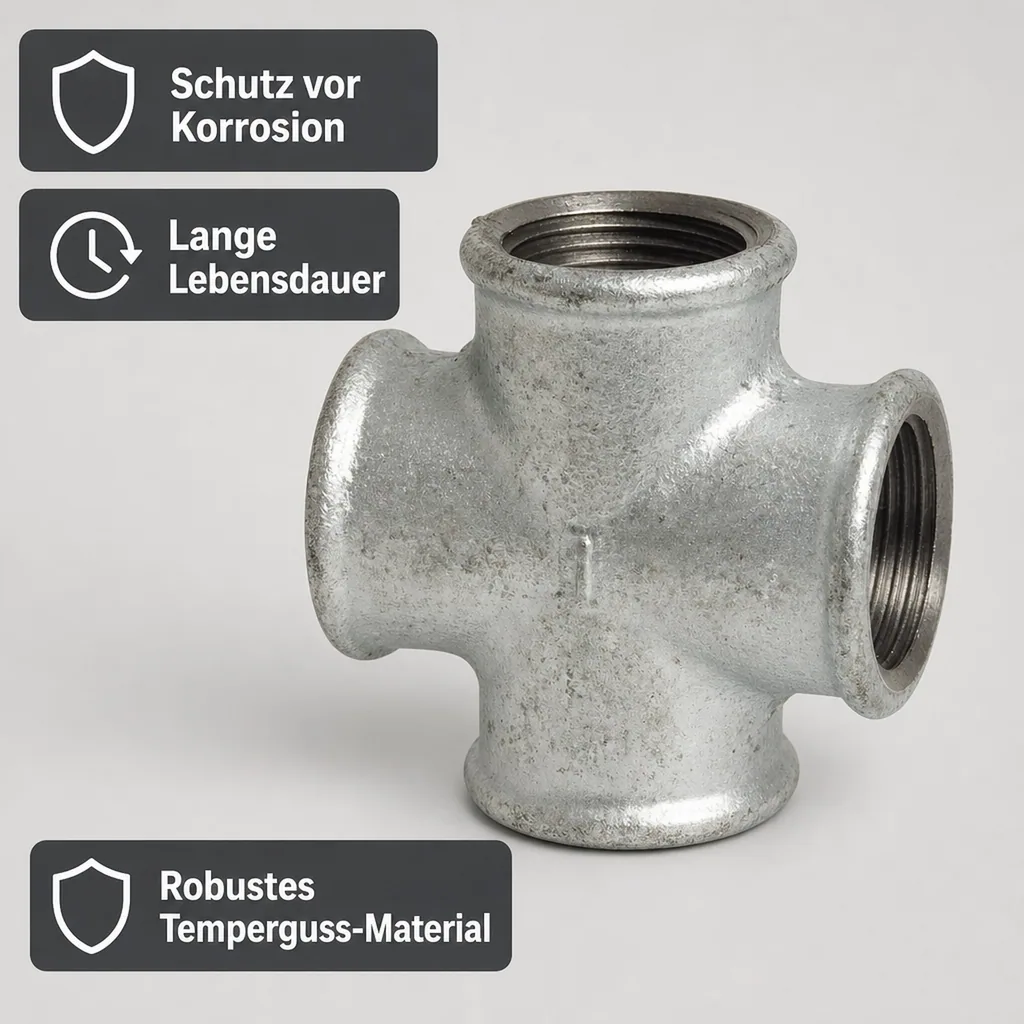 Tempergussfitting, Gewindefitting 1 Zoll, Kreuzstück, verzinkt
